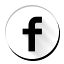 Facebook logo icon in black on a white circular background with a subtle drop shadow representing a social media link in the website footer